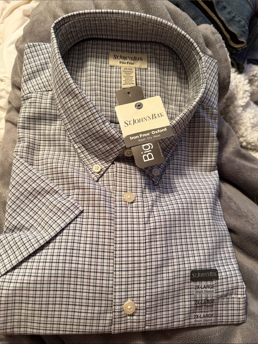 St. John's Bay iron free short Sleeve Button-Down Shirt deep sea Tattersol  NWT